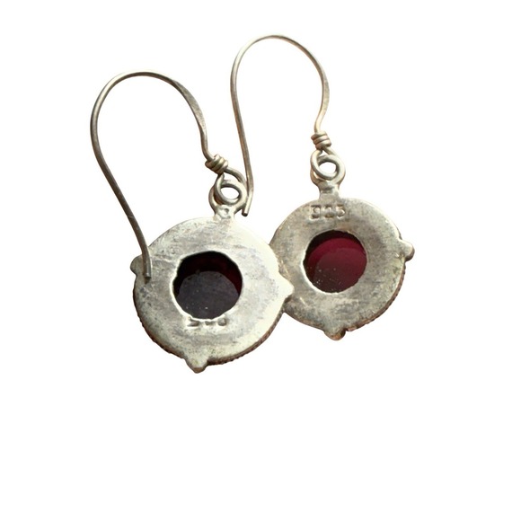 Vintage 925 Sterling Silver Red Cabochon Drop Earrings Garnet Look - Picture 5 of 10